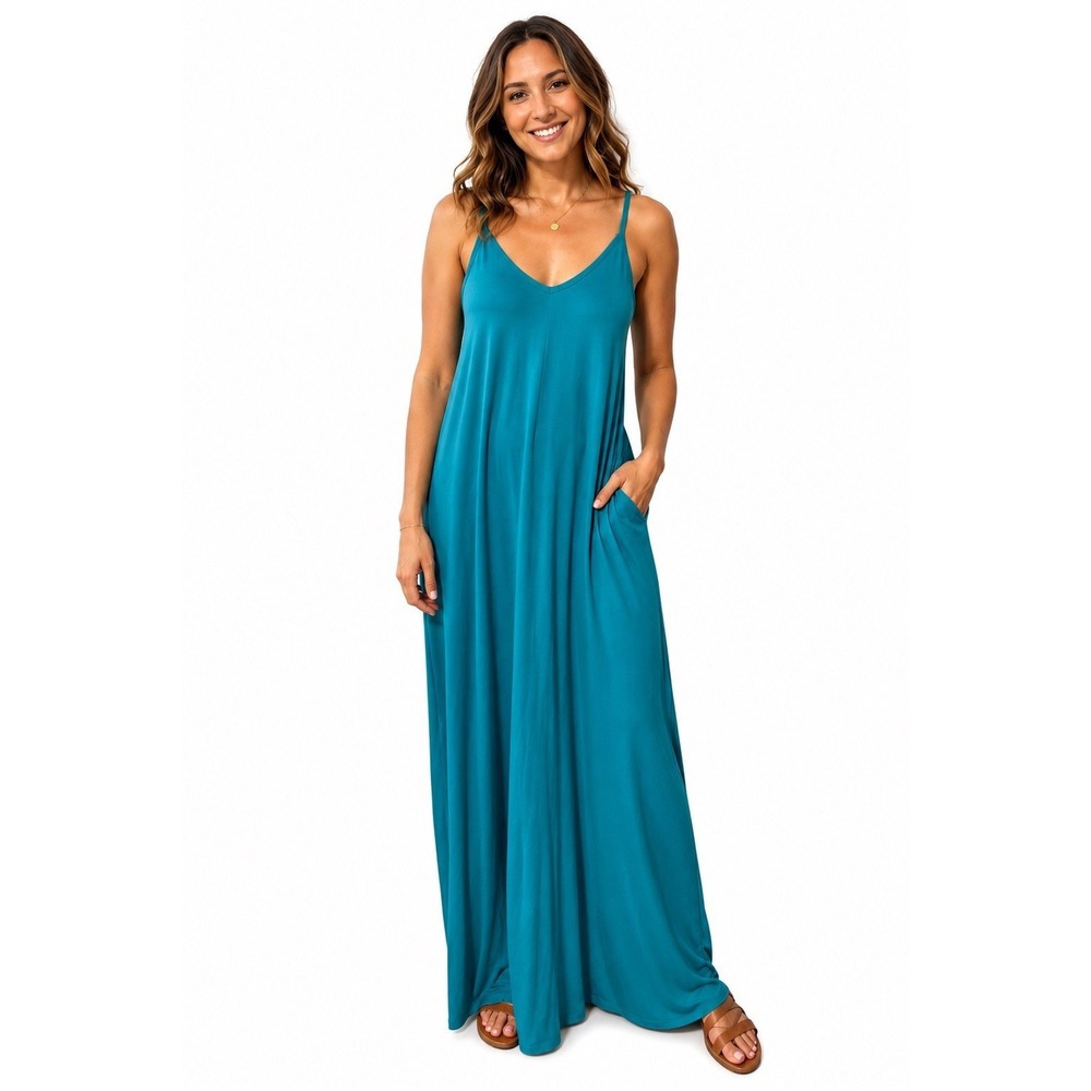 ZENANA V Neck Cami Maxi Dress with Side Pockets  Medium Teal Adjustable Straps